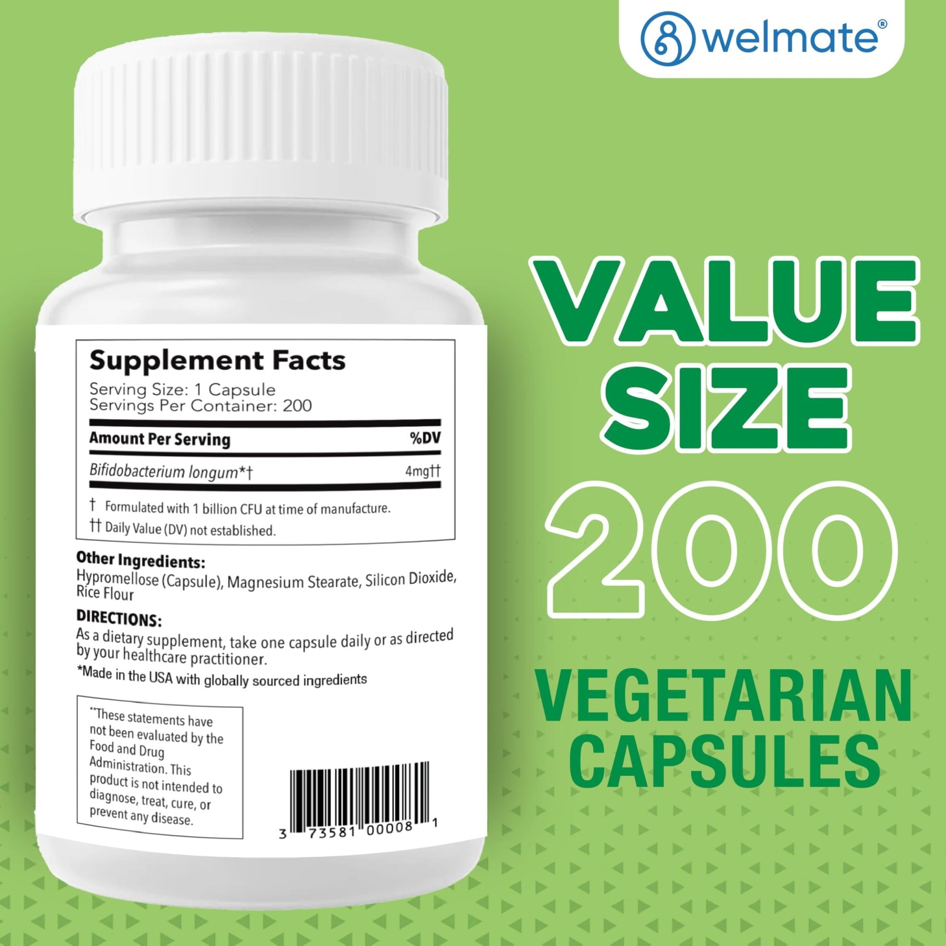 WELMATE Bifidobacterium - Probiotic Supplement - Supports Gut Health - Immune Support - Digestive Enzymes - Gluten Free - Vegan - Men & Womens Probiotic - Value Size - 200 Count - OzHealthStandard