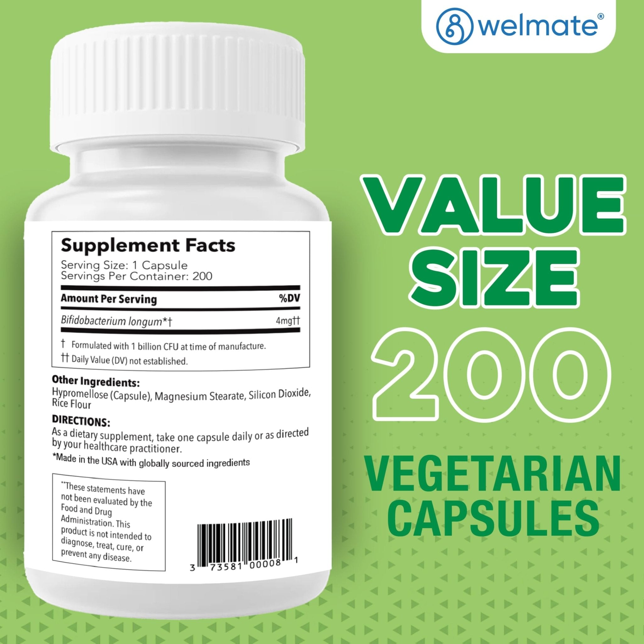WELMATE Bifidobacterium - Probiotic Supplement - Supports Gut Health - Immune Support - Digestive Enzymes - Gluten Free - Vegan - Men & Womens Probiotic - Value Size - 200 Count - OzHealthStandard