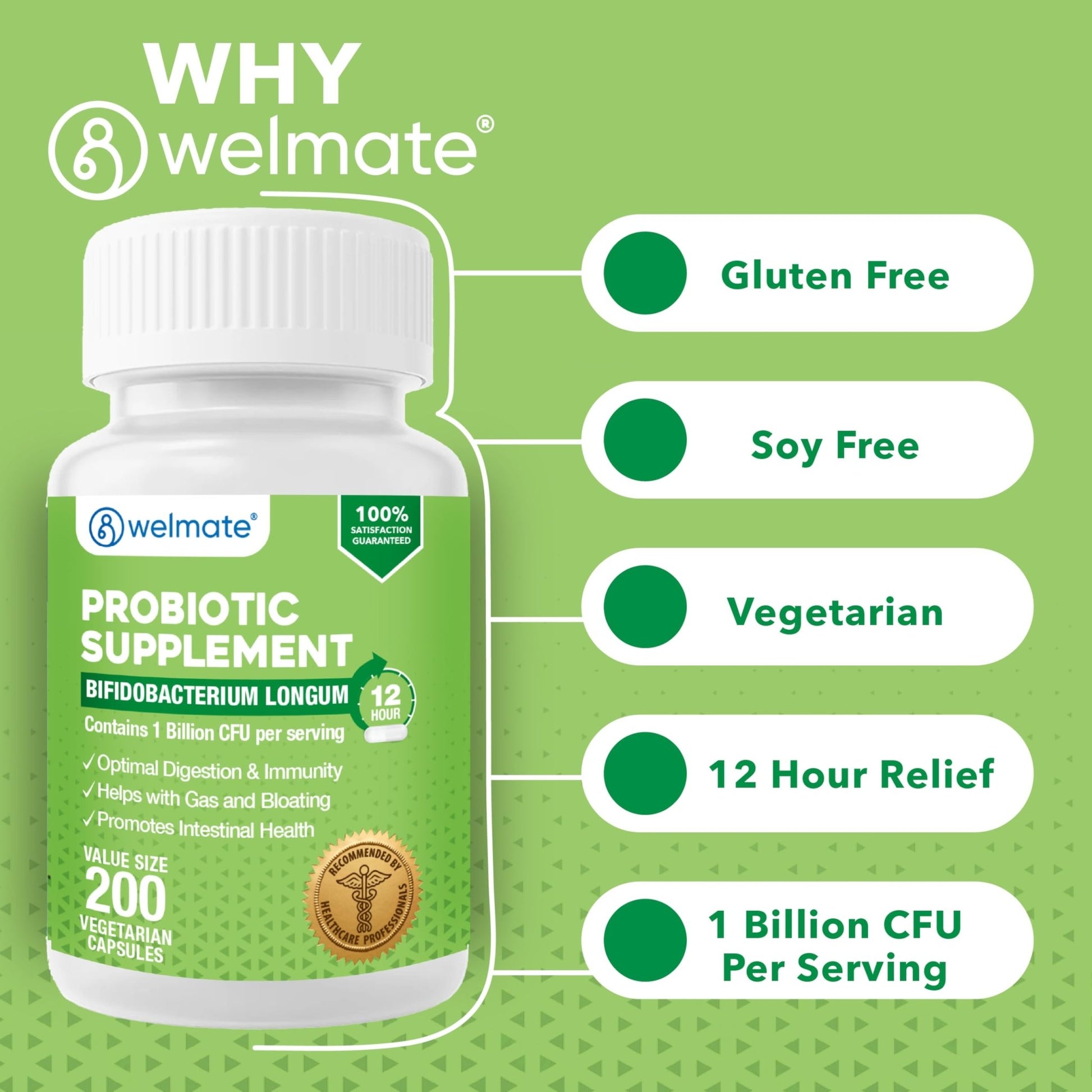 WELMATE Bifidobacterium - Probiotic Supplement - Supports Gut Health - Immune Support - Digestive Enzymes - Gluten Free - Vegan - Men & Womens Probiotic - Value Size - 200 Count - OzHealthStandard