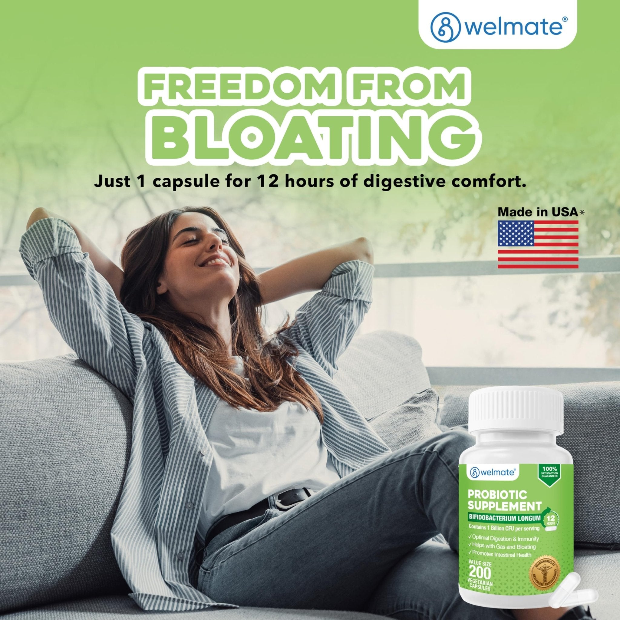 WELMATE Bifidobacterium - Probiotic Supplement - Supports Gut Health - Immune Support - Digestive Enzymes - Gluten Free - Vegan - Men & Womens Probiotic - Value Size - 200 Count - OzHealthStandard