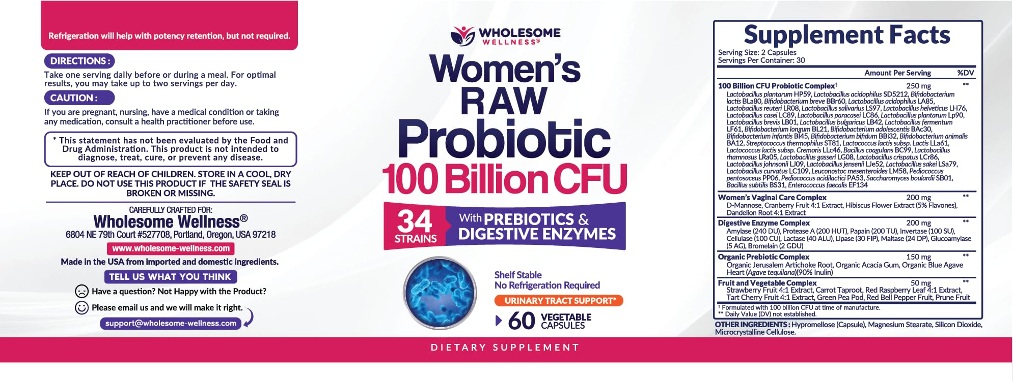 Wholesome Wellness Dr. Formulated Raw Probiotics for Women 100 Billion CFUs Capsules with Prebiotics, Digestive Enzymes - OzHealthStandard