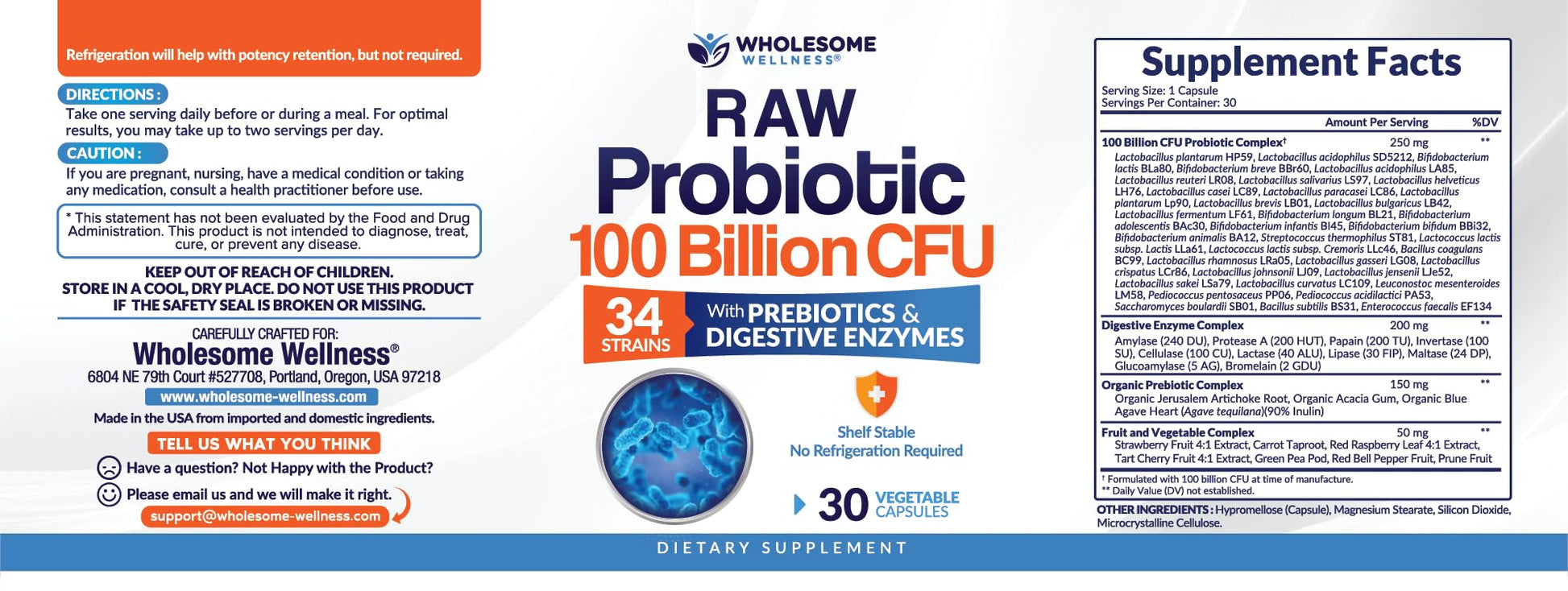 Wholesome Wellness Organic Raw Probiotics 100 Billion CFU, Dr Formulated for Women and Men, Complete Adult Supplement with Prebiotics - OzHealthStandard