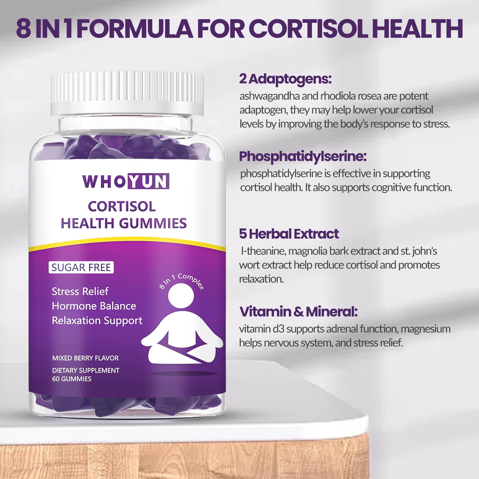 Whoyun Cortisol Supplement Gummies for Women, Lower Cortisol with Phosphatidylserine Ashwagandha Magnesium, Stress Relief, Vegan Sugar Free, 60 Count - OzHealthStandard
