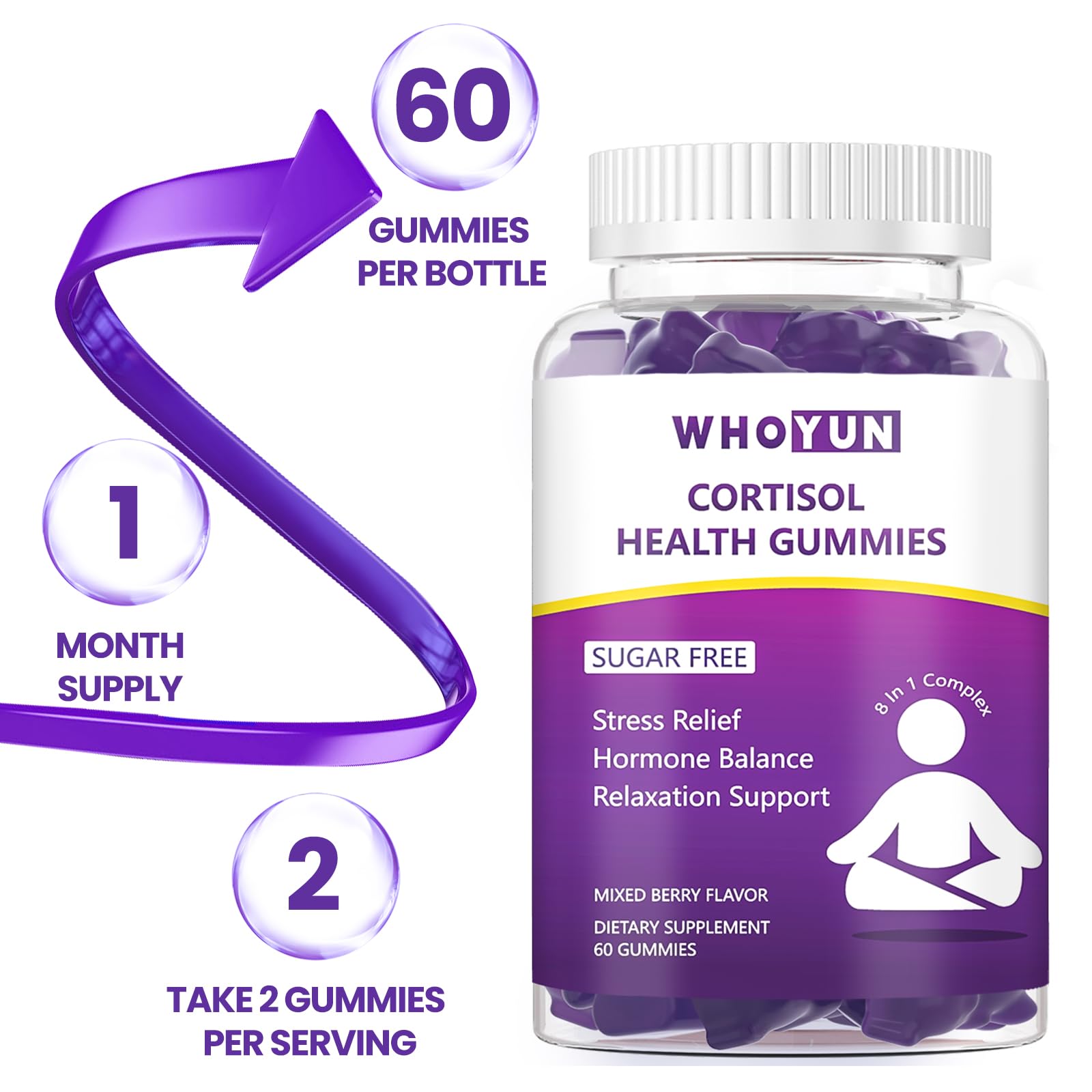 Whoyun Cortisol Supplement Gummies for Women, Lower Cortisol with Phosphatidylserine Ashwagandha Magnesium, Stress Relief, Vegan Sugar Free, 60 Count - OzHealthStandard