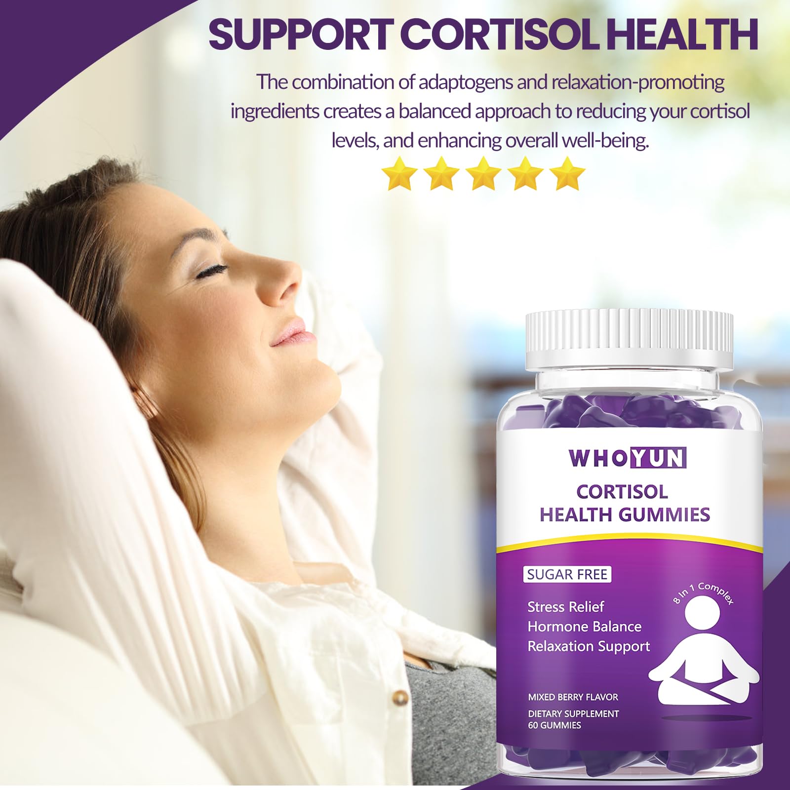 Whoyun Cortisol Supplement Gummies for Women, Lower Cortisol with Phosphatidylserine Ashwagandha Magnesium, Stress Relief, Vegan Sugar Free, 60 Count - OzHealthStandard