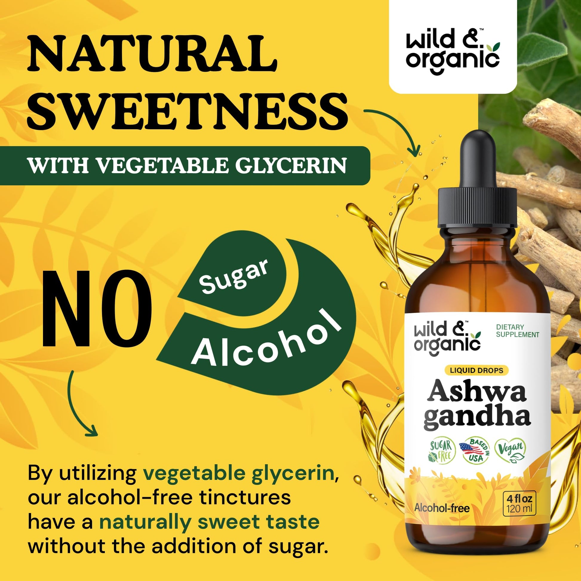 Wild & Organic Ashwagandha Drops - Mood Support & Positive Energy - 500 mg Ashwagandha for Women & Men - Add to Tea Liquid Extract for Relaxation - Non-GMO, Sugar & Alcohol-Free Tincture - 4 fl oz - OzHealthStandard