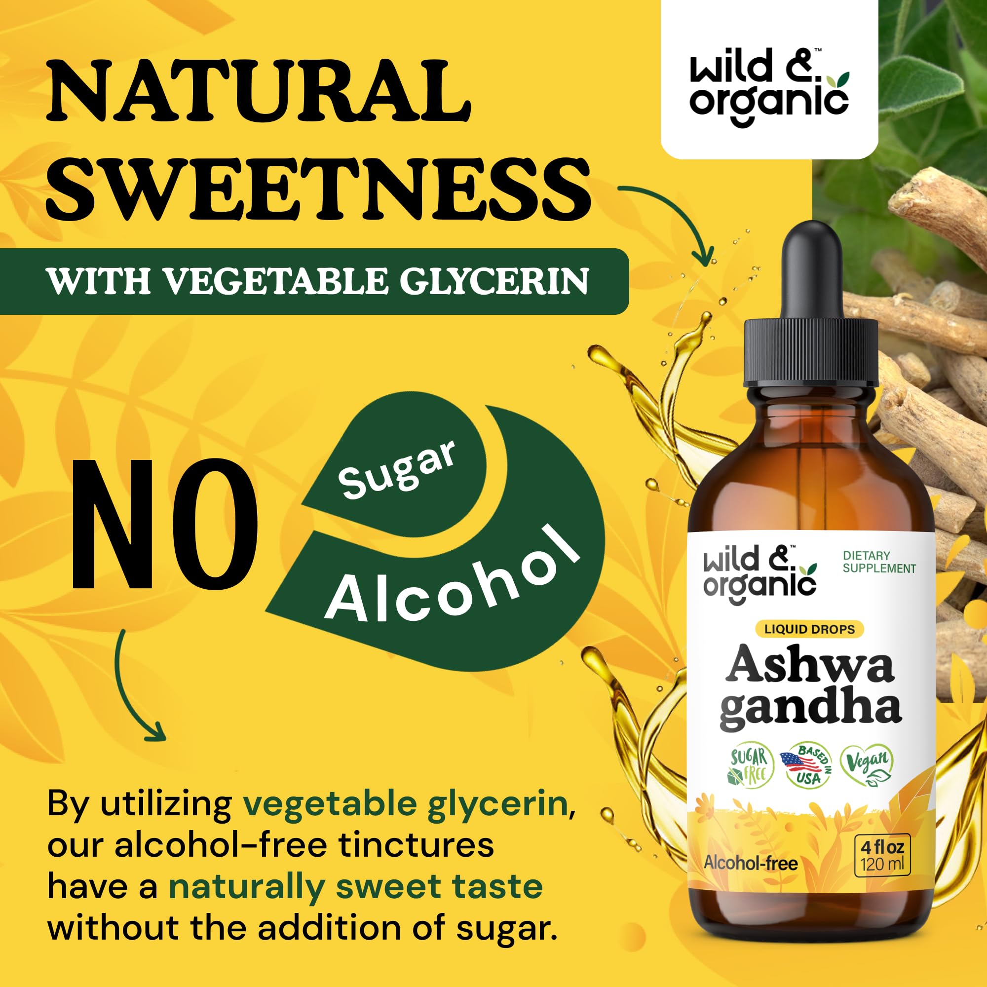 Wild & Organic Ashwagandha Drops - Mood Support & Positive Energy - 500 mg Ashwagandha for Women & Men - Add to Tea Liquid Extract for Relaxation - Non-GMO, Sugar & Alcohol-Free Tincture - 4 fl oz - OzHealthStandard