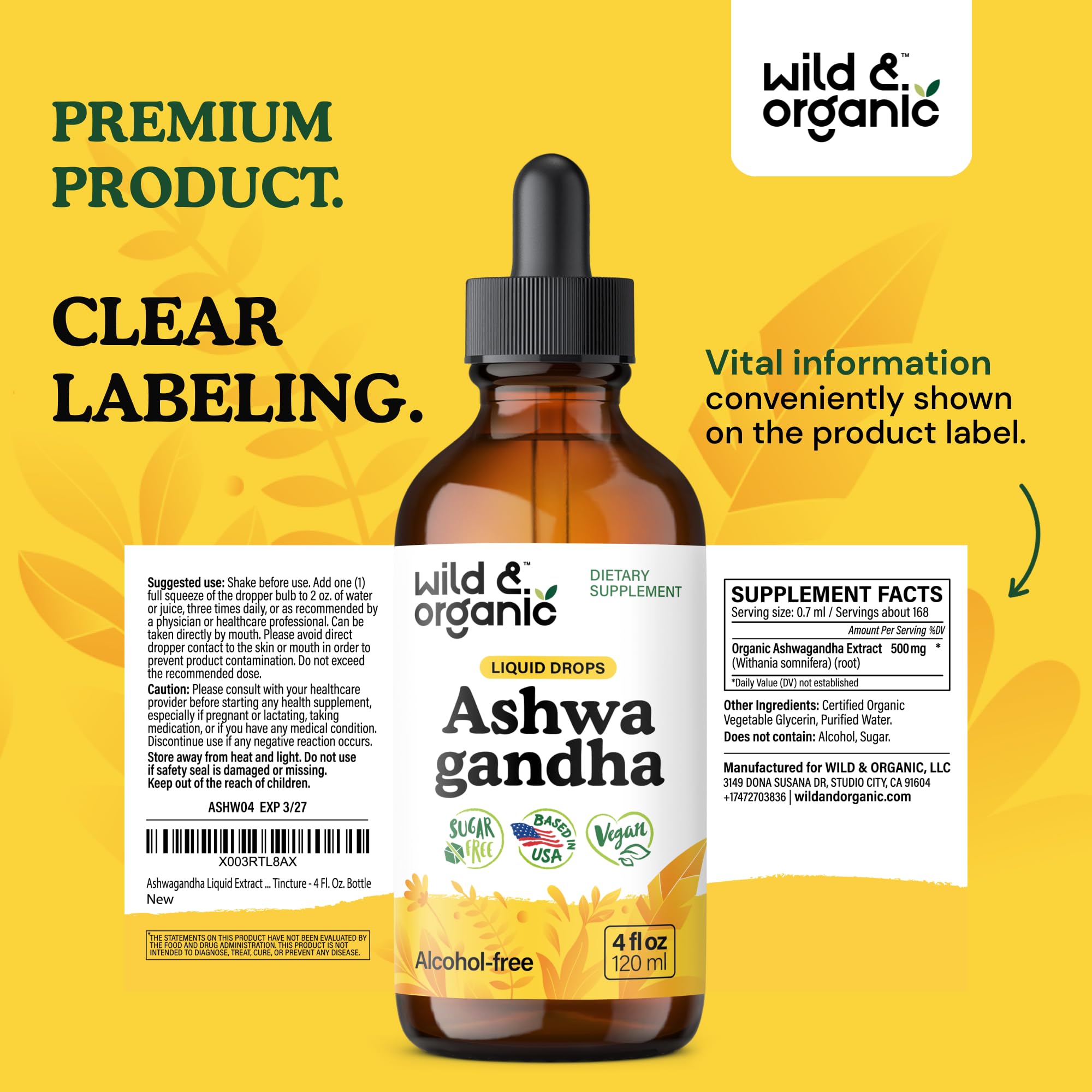 Wild & Organic Ashwagandha Drops - Mood Support & Positive Energy - 500 mg Ashwagandha for Women & Men - Add to Tea Liquid Extract for Relaxation - Non-GMO, Sugar & Alcohol-Free Tincture - 4 fl oz - OzHealthStandard