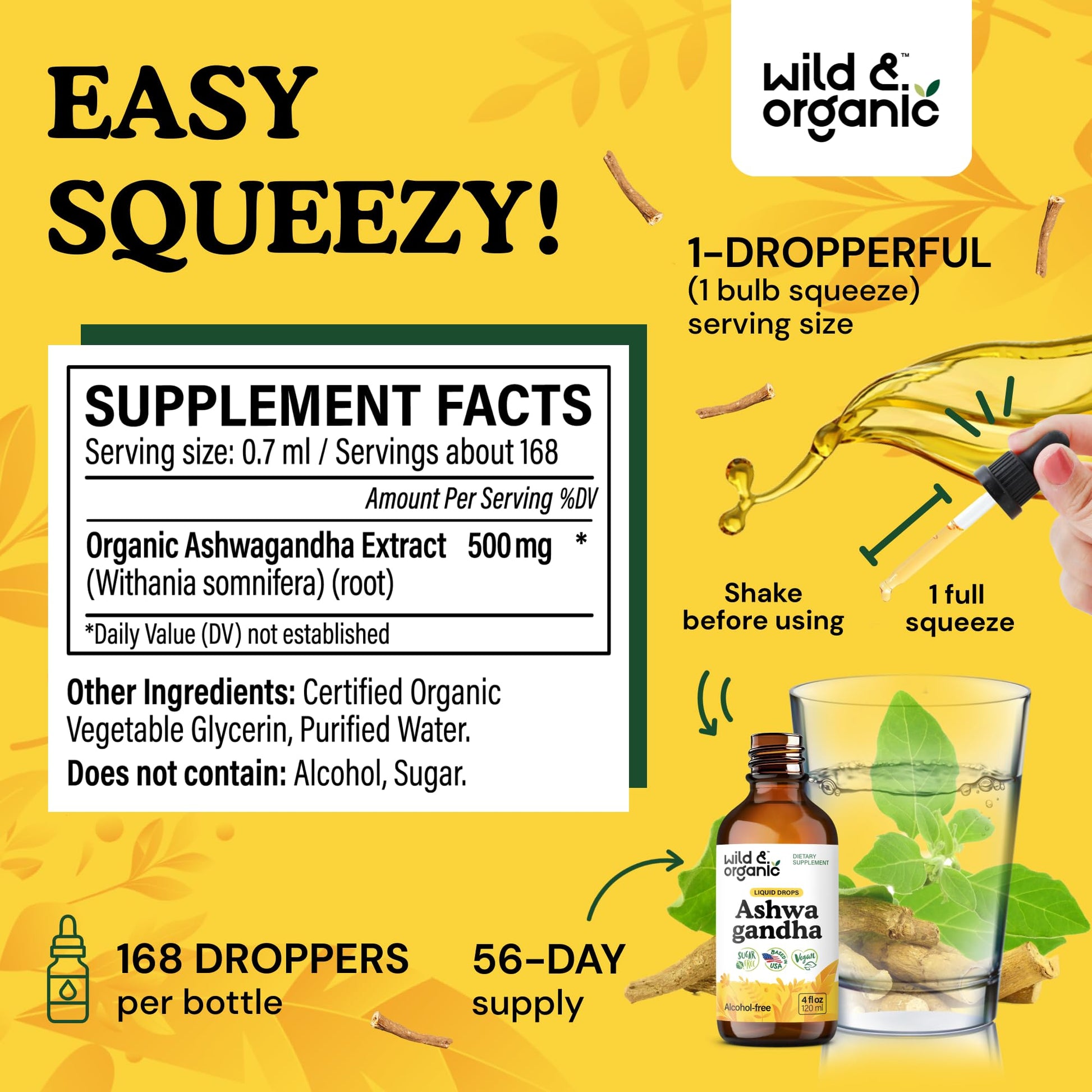 Wild & Organic Ashwagandha Drops - Mood Support & Positive Energy - 500 mg Ashwagandha for Women & Men - Add to Tea Liquid Extract for Relaxation - Non-GMO, Sugar & Alcohol-Free Tincture - 4 fl oz - OzHealthStandard