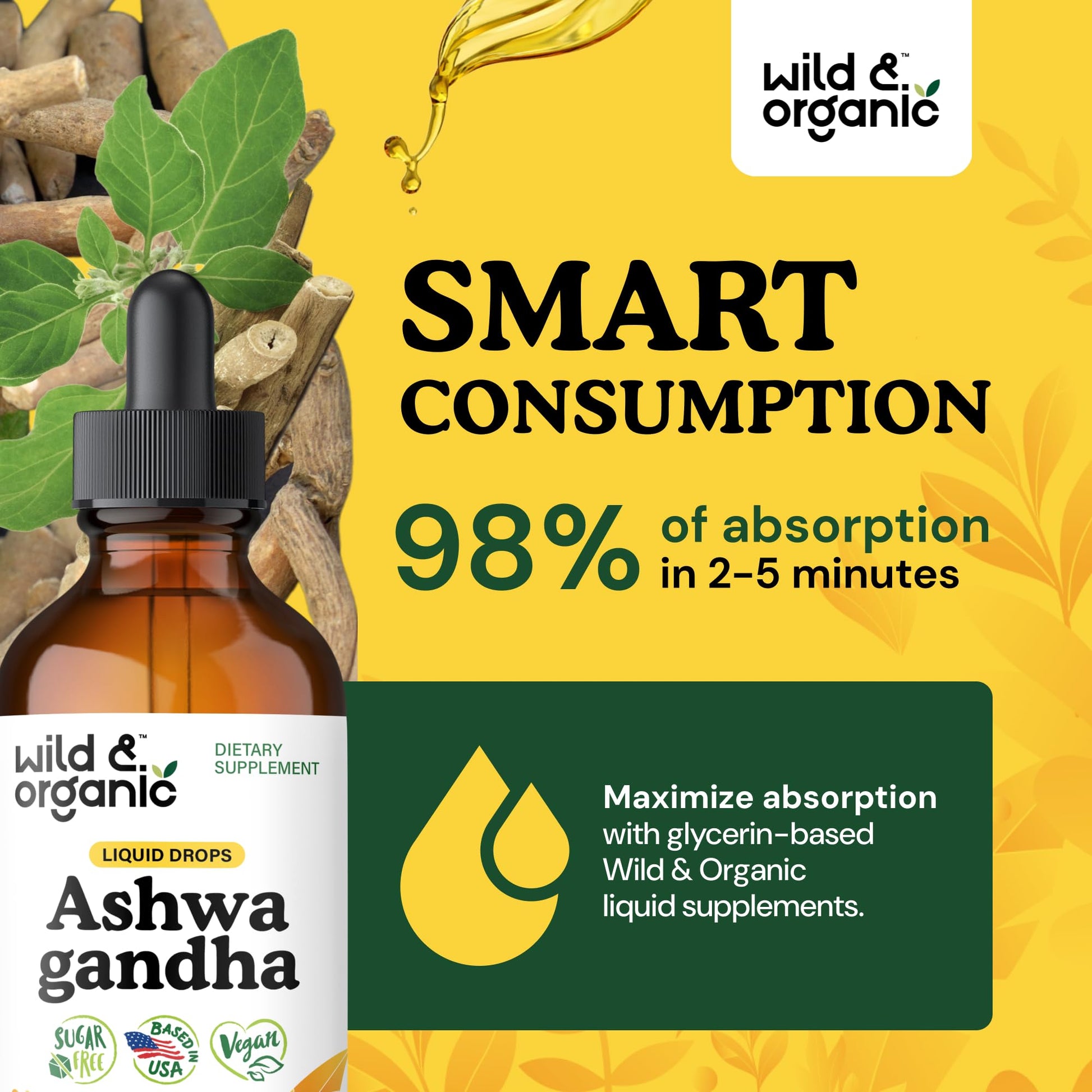 Wild & Organic Ashwagandha Drops - Mood Support & Positive Energy - 500 mg Ashwagandha for Women & Men - Add to Tea Liquid Extract for Relaxation - Non-GMO, Sugar & Alcohol-Free Tincture - 4 fl oz - OzHealthStandard