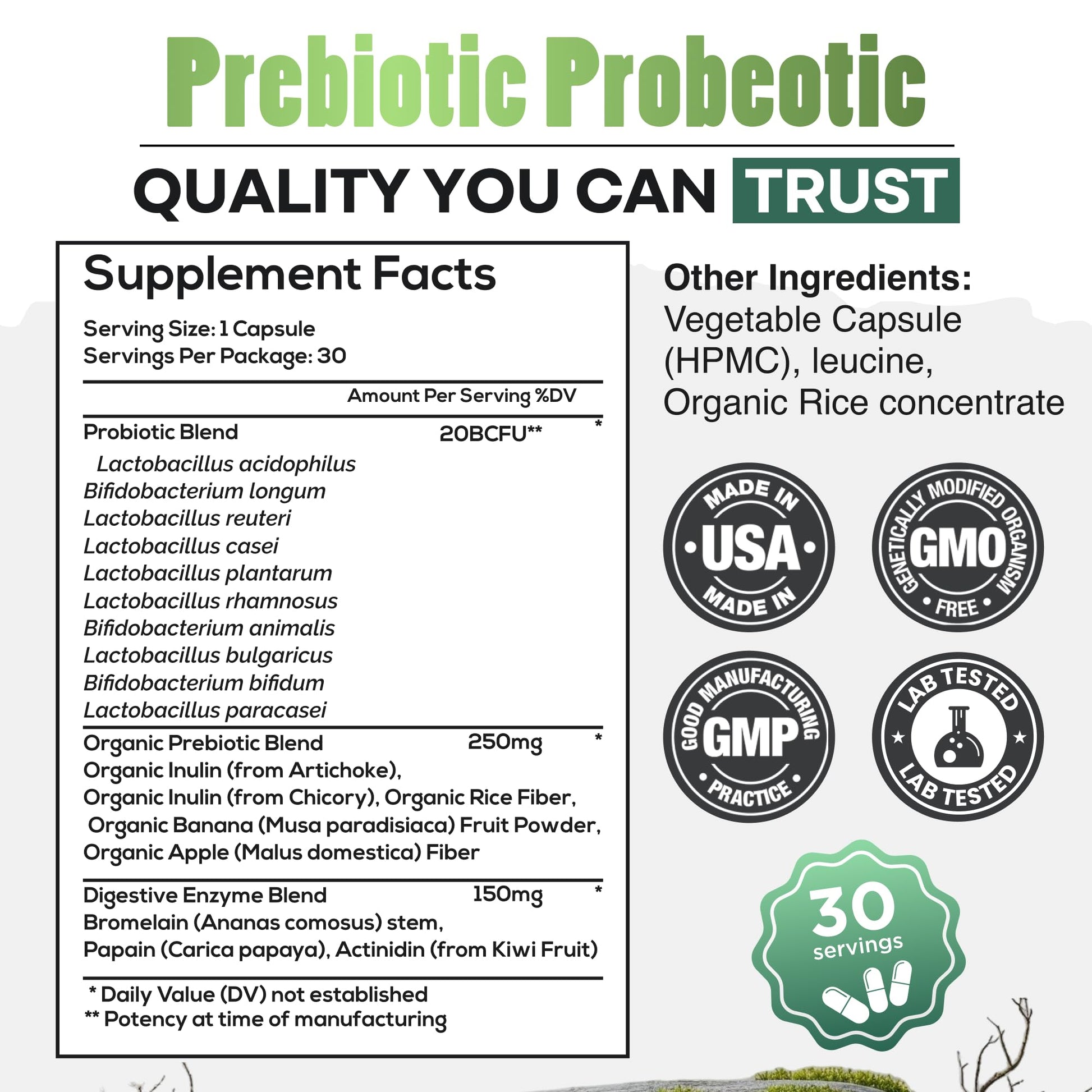 Wild Prebiotics and Probiotics with Digestive Enzymes | 20 Billion CFU - 10 Strains for Women & Men | Support Gut Health & Digestion Supplements | Non-GMO Prebiotic Fiber | 30 Capsules - OzHealthStandard