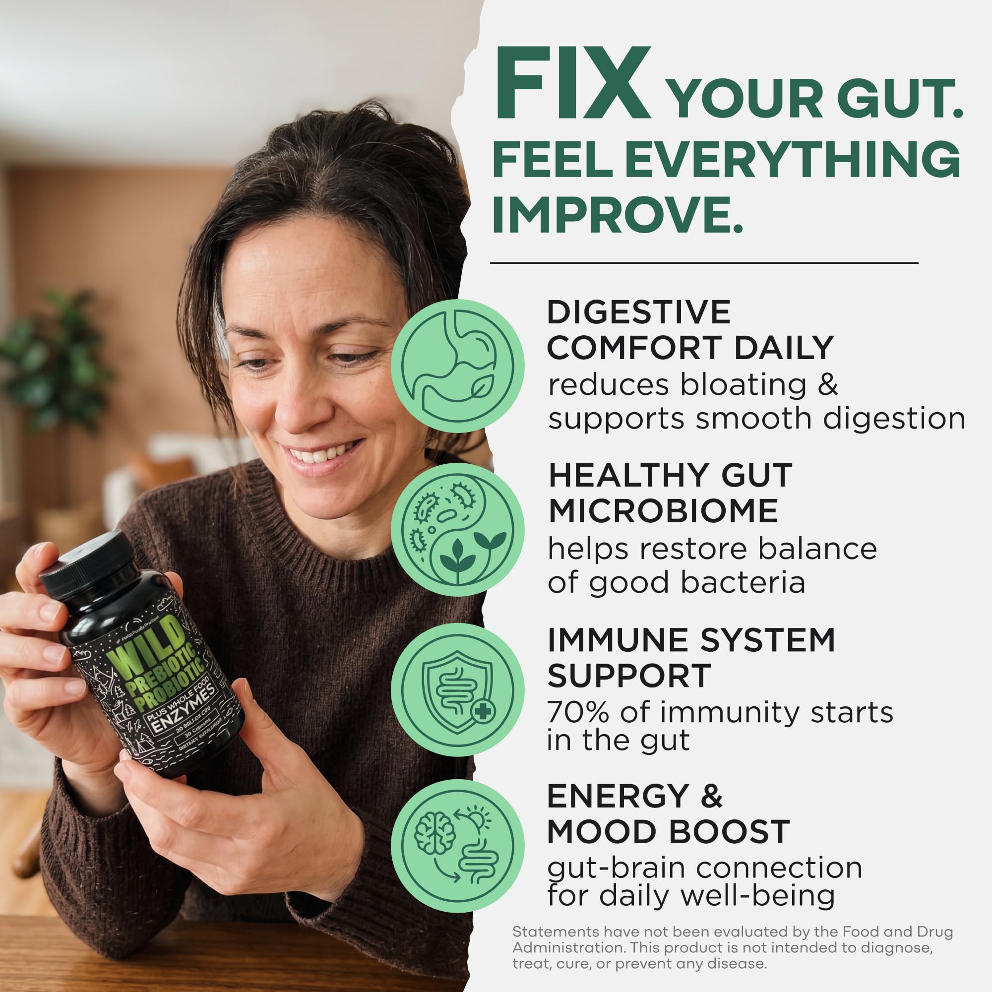 Wild Prebiotics and Probiotics with Digestive Enzymes | 20 Billion CFU - 10 Strains for Women & Men | Support Gut Health & Digestion Supplements | Non-GMO Prebiotic Fiber | 30 Capsules - OzHealthStandard