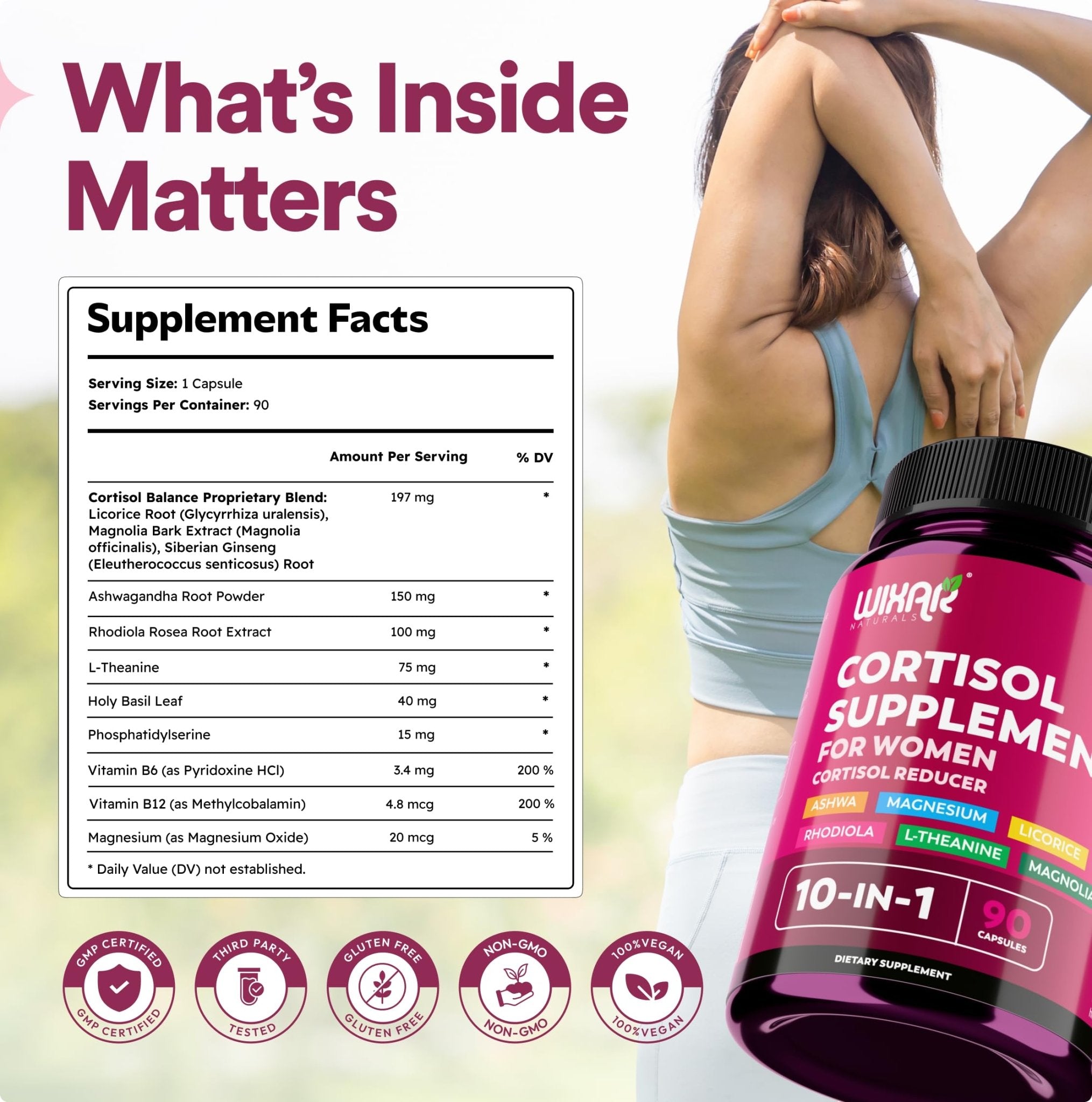 WIXAR Cortisol Supplements for Women with Ashwagandha, Magnesium, L-Theanine, Rhodiola Rosea - for High Cortisol Balanace Manager - for Sleep Support, Mood & Focus Supplement - 90 Capsules - OzHealthStandard