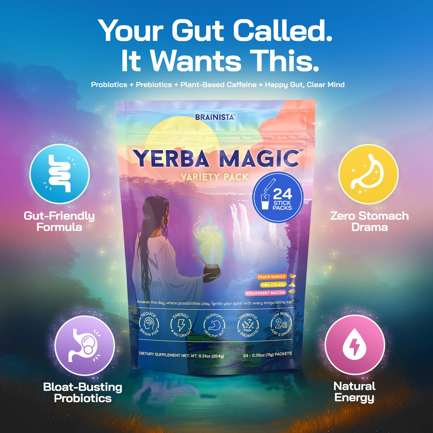 Yerba Magic Instant Yerba Mate Powder Packets – Clean Energy & Focus Drink Mix for Gut Health – Nootropic Blend with Lion’s Mane, L-Theanine, Prebiotics & Probiotics – Low Sugar Natural Caffeine – Variety Pack, 24 Sticks - OzHealthStandard