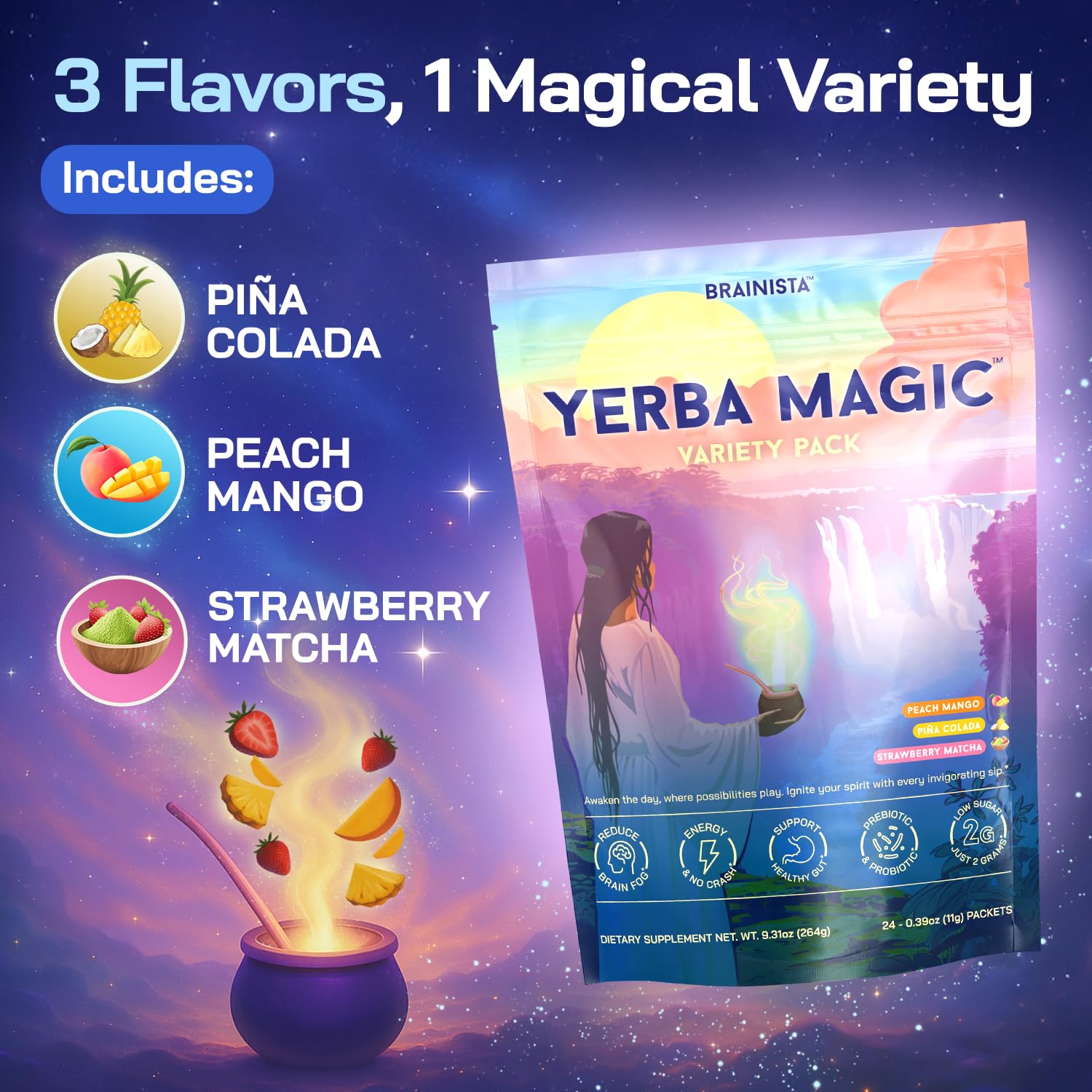 Yerba Magic Instant Yerba Mate Powder Packets – Clean Energy & Focus Drink Mix for Gut Health – Nootropic Blend with Lion’s Mane, L-Theanine, Prebiotics & Probiotics – Low Sugar Natural Caffeine – Variety Pack, 24 Sticks - OzHealthStandard