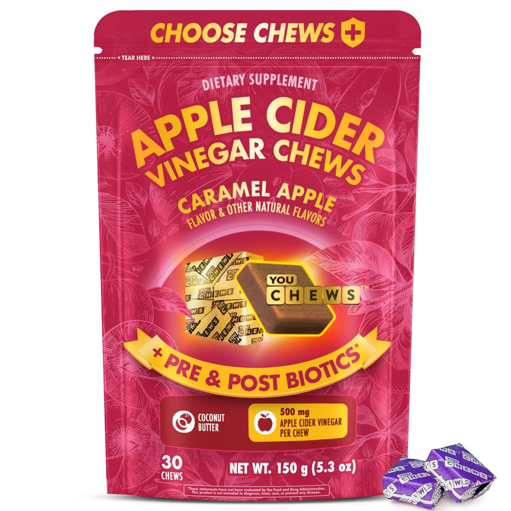 YouChews Apple Cider Vinegar Chews Better Than Apple Cider Gummies - Bloating Relief for Women and Men, 500mg Organic ACV with Prebiotics & Postbiotics, Low Sugar, Caramel Flavor, 30 Count - OzHealthStandard