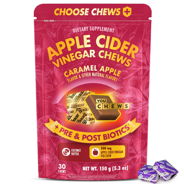 YouChews Apple Cider Vinegar Chews Better Than Apple Cider Gummies - Bloating Relief for Women and Men, 500mg Organic ACV with Prebiotics & Postbiotics, Low Sugar, Caramel Flavor, 30 Count - OzHealthStandard