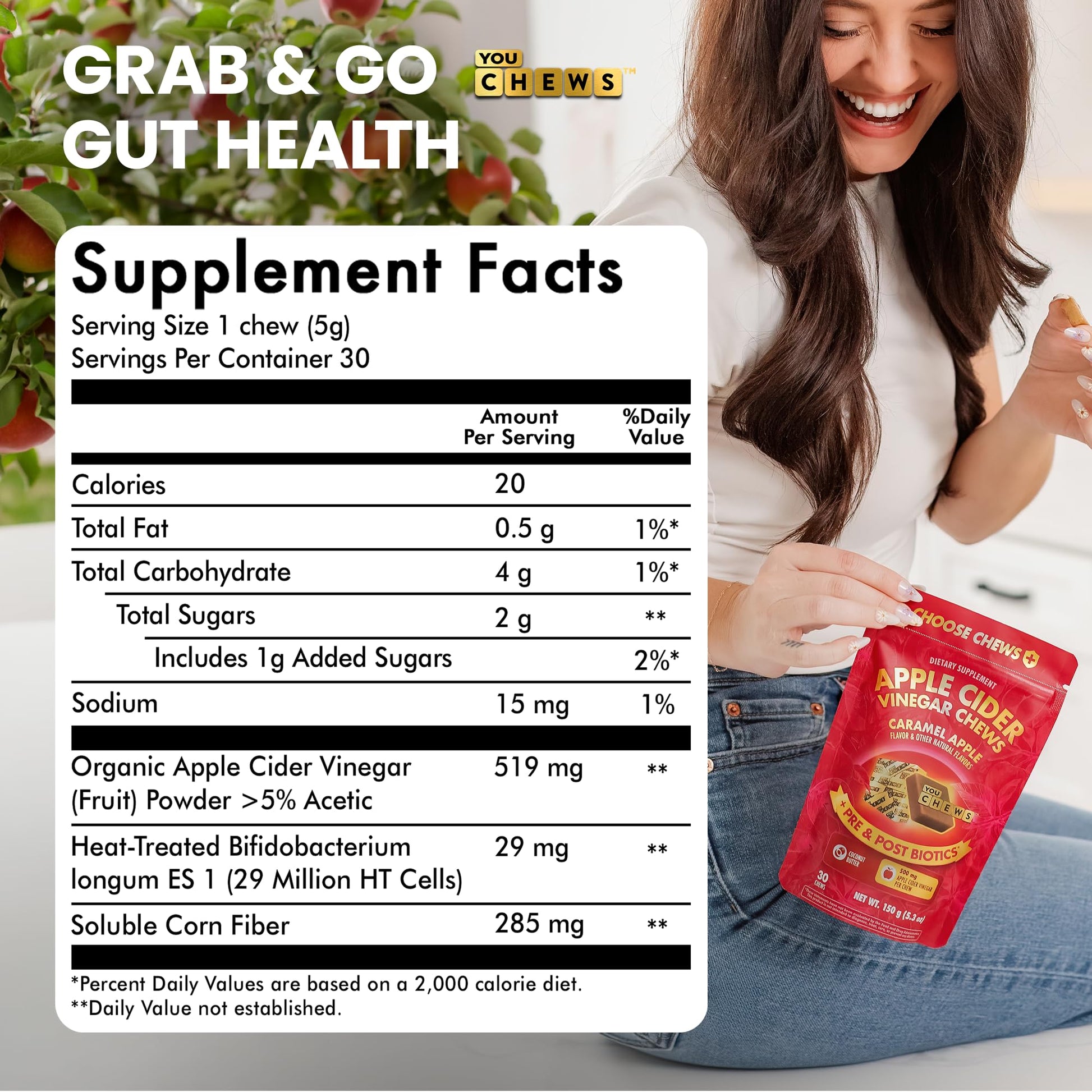 YouChews Apple Cider Vinegar Chews Better Than Apple Cider Gummies - Bloating Relief for Women and Men, 500mg Organic ACV with Prebiotics & Postbiotics, Low Sugar, Caramel Flavor, 30 Count - OzHealthStandard