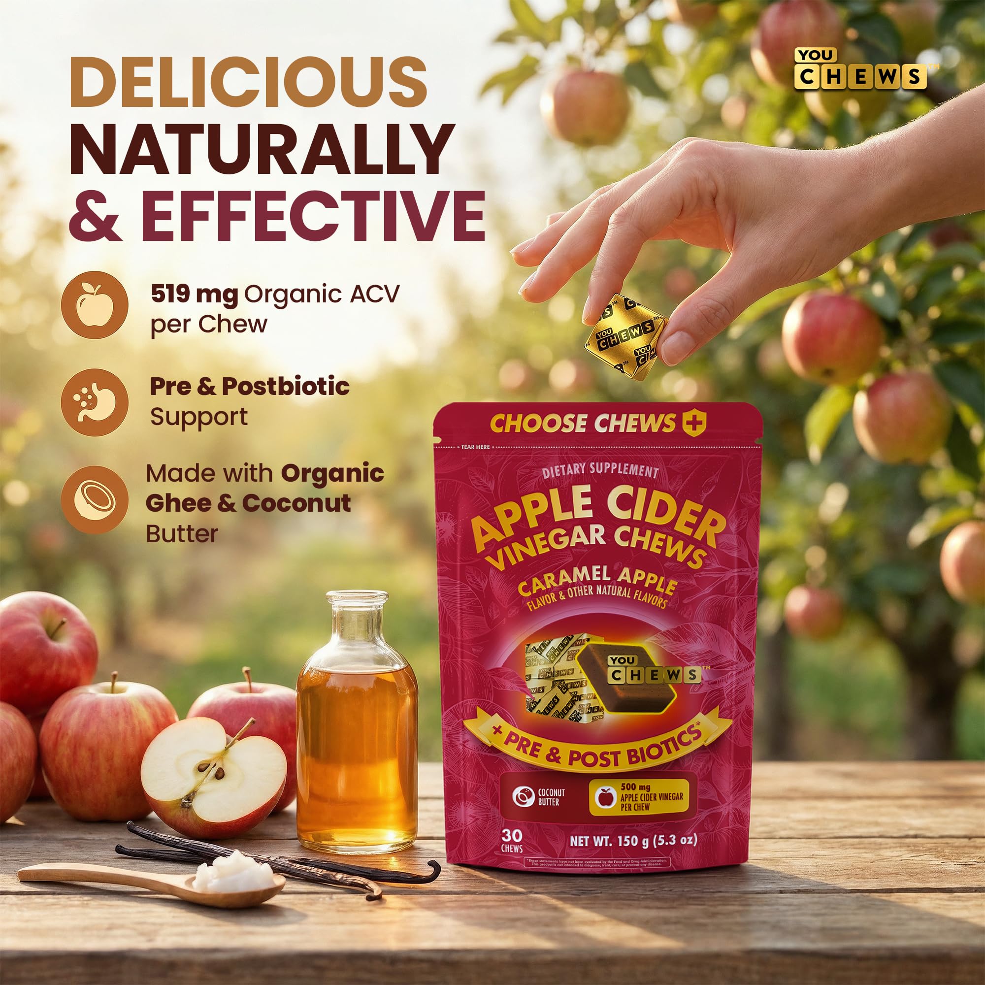 YouChews Apple Cider Vinegar Chews Better Than Apple Cider Gummies - Bloating Relief for Women and Men, 500mg Organic ACV with Prebiotics & Postbiotics, Low Sugar, Caramel Flavor, 30 Count - OzHealthStandard