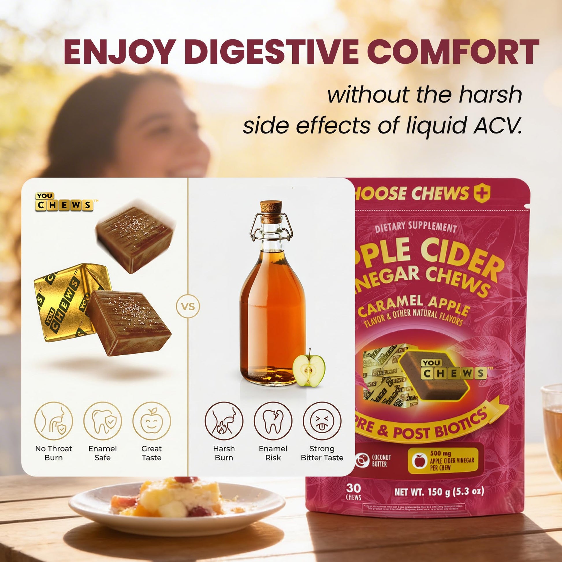 YouChews Apple Cider Vinegar Chews Better Than Apple Cider Gummies - Bloating Relief for Women and Men, 500mg Organic ACV with Prebiotics & Postbiotics, Low Sugar, Caramel Flavor, 30 Count - OzHealthStandard