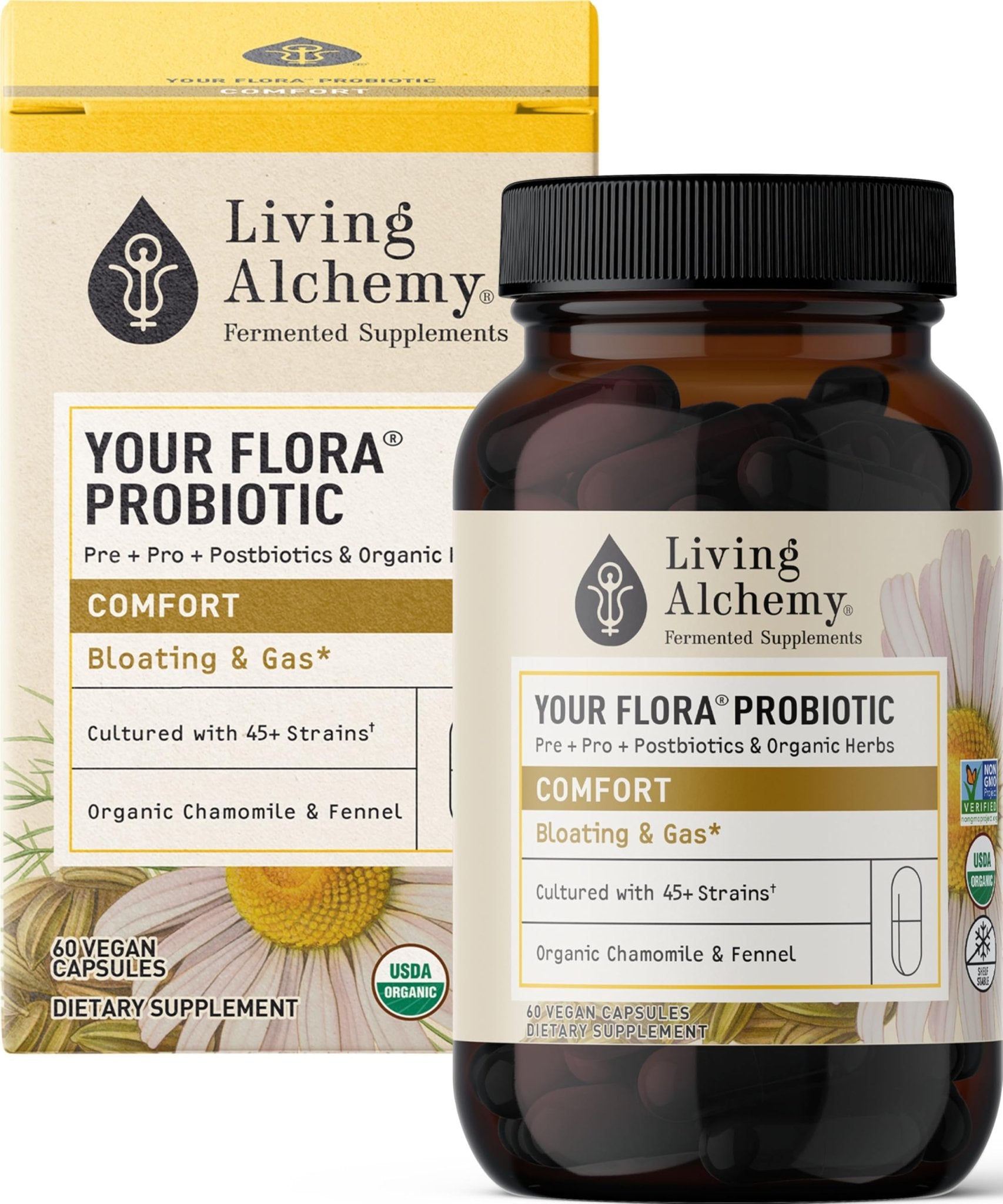 Your Flora Probiotic Comfort – Non-GMO Probiotics with Fermented Soybean, Chamomile, Fennel, Prebiotics, Digestive Enzymes for Digestion & Bloating – Prebiotics, Postbiotics – Living Alchemy, 60 Pcs - OzHealthStandard