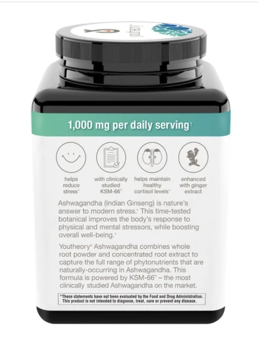 Youtheory Ashwagandha 1000mg with KSM-66 - Helps Support a Healthy Stress Response,180 Capsules (Pack of 1) - OzHealthStandard