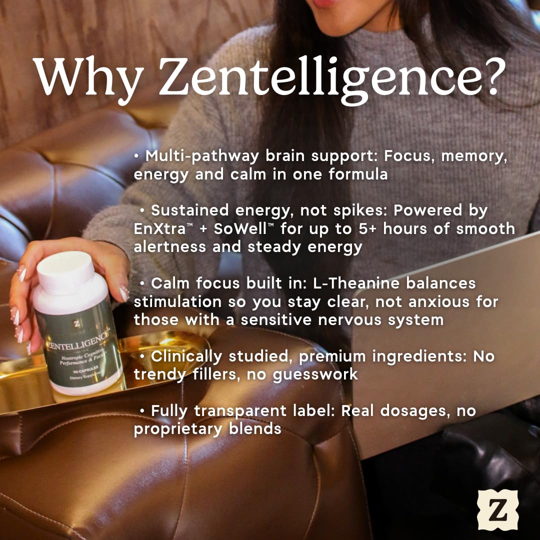 Zen Principle Zentelligence™ Focus Nootropic Supplement for Students & Professionals | Energy, Memory & Stress Support | Jitter-Free Formula with L-Theanine, Ginkgo Biloba, Huperzine A. 90 Capsules - OzHealthStandard