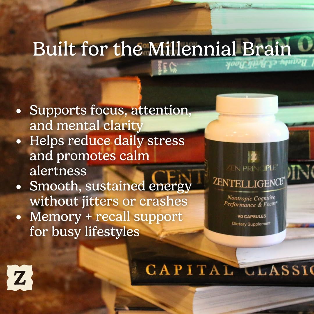 Zen Principle Zentelligence™ Focus Nootropic Supplement for Students & Professionals | Energy, Memory & Stress Support | Jitter-Free Formula with L-Theanine, Ginkgo Biloba, Huperzine A. 90 Capsules - OzHealthStandard