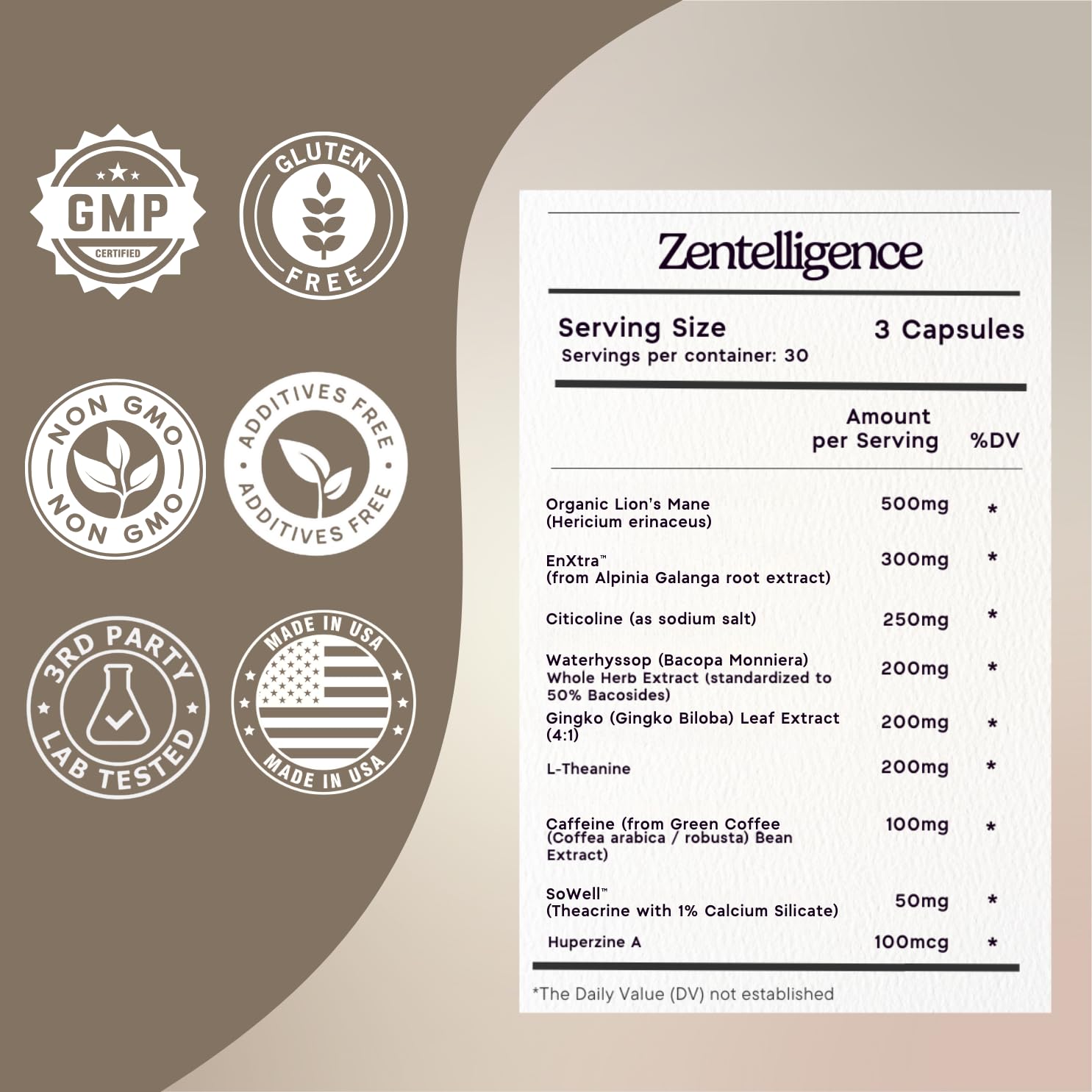 Zen Principle Zentelligence™ Focus Nootropic Supplement for Students & Professionals | Energy, Memory & Stress Support | Jitter-Free Formula with L-Theanine, Ginkgo Biloba, Huperzine A. 90 Capsules - OzHealthStandard