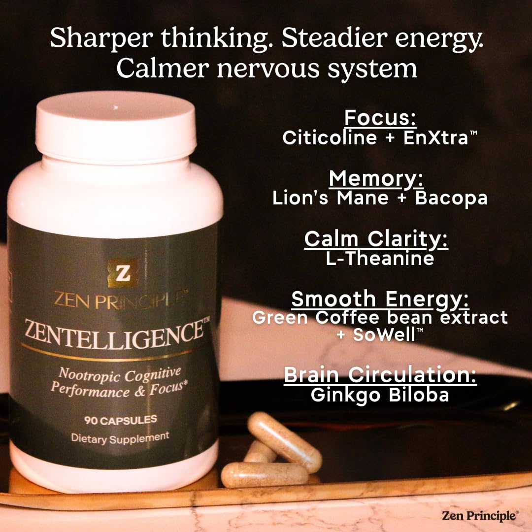 Zen Principle Zentelligence™ Focus Nootropic Supplement for Students & Professionals | Energy, Memory & Stress Support | Jitter-Free Formula with L-Theanine, Ginkgo Biloba, Huperzine A. 90 Capsules - OzHealthStandard