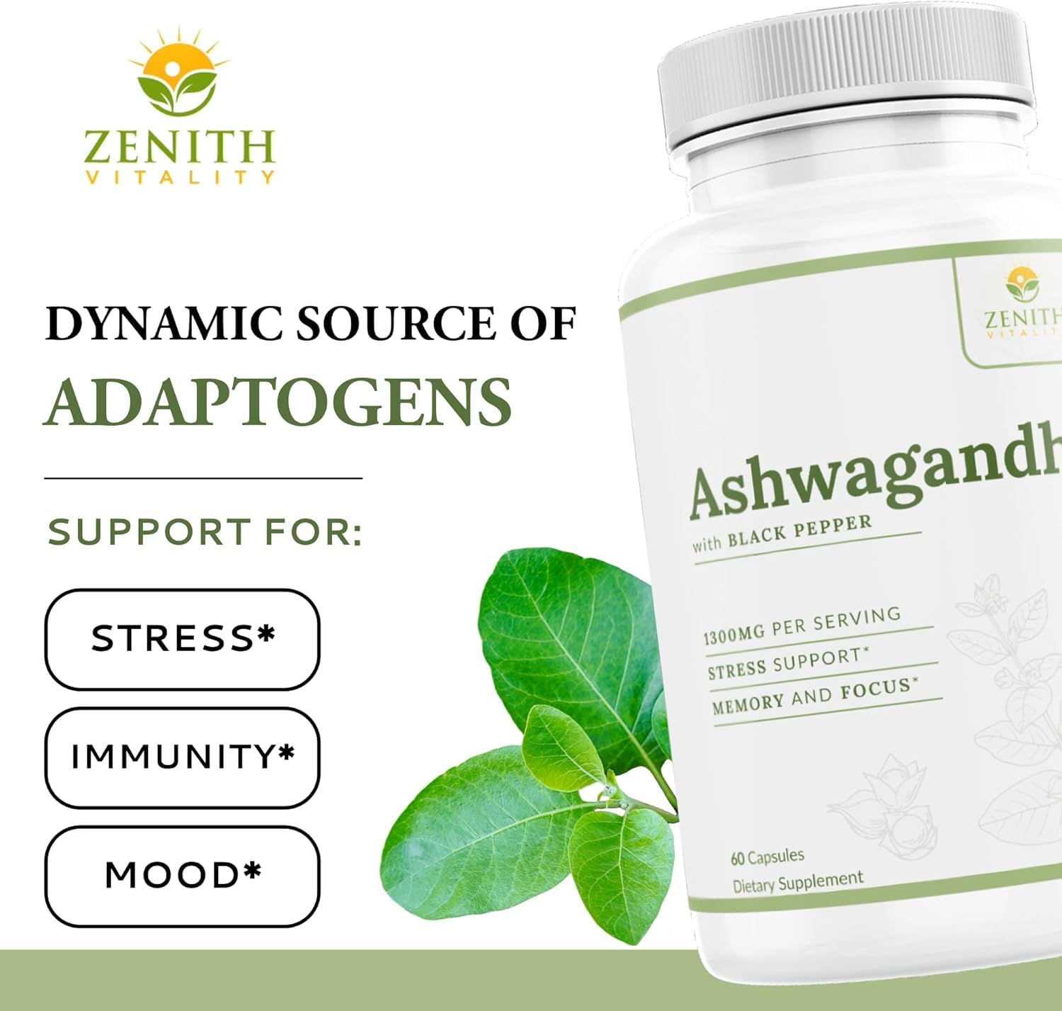Zenith Vitality Ashwagandha 1300mg Capsules – Stress Relief & Cortisol Support, Immune & Energy Boost, Mental Clarity, Herbal Adaptogen Supplement – 60 Count - OzHealthStandard