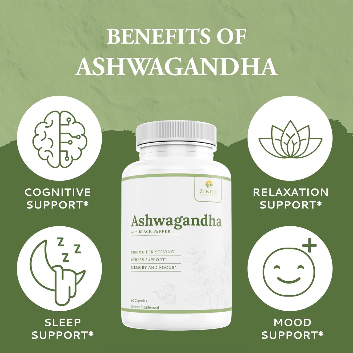 Zenith Vitality Ashwagandha 1300mg Capsules – Stress Relief & Cortisol Support, Immune & Energy Boost, Mental Clarity, Herbal Adaptogen Supplement – 60 Count - OzHealthStandard