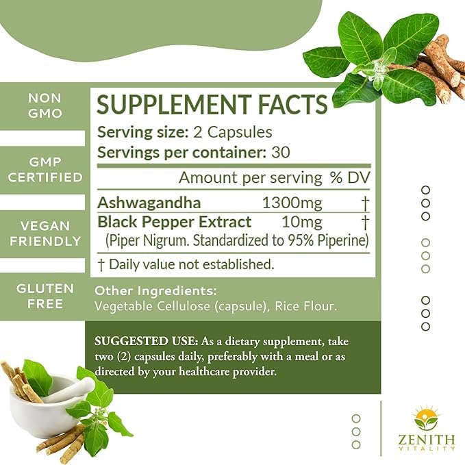 Zenith Vitality Ashwagandha 1300mg Capsules – Stress Relief & Cortisol Support, Immune & Energy Boost, Mental Clarity, Herbal Adaptogen Supplement – 60 Count - OzHealthStandard