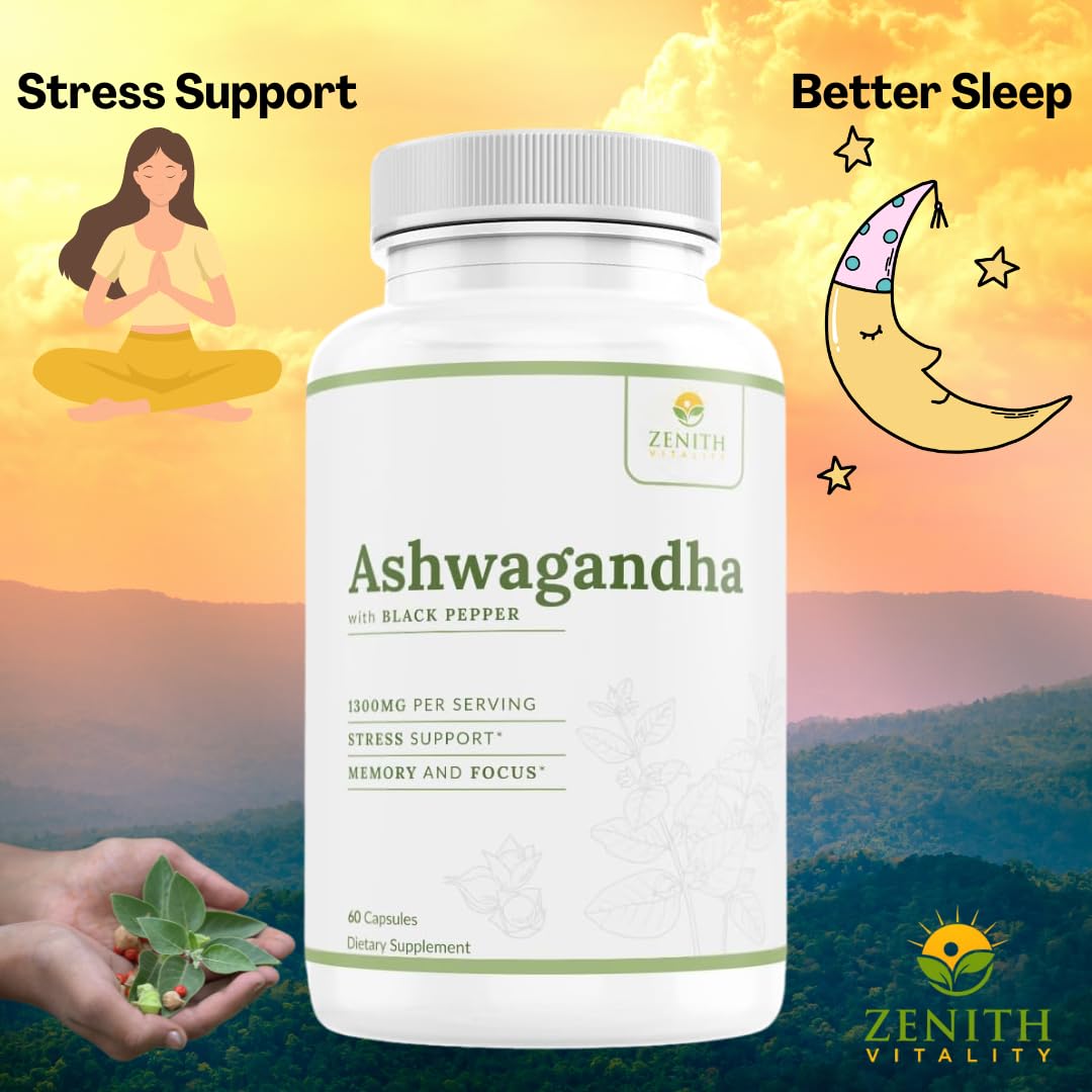 Zenith Vitality Ashwagandha 1300mg Capsules – Stress Relief & Cortisol Support, Immune & Energy Boost, Mental Clarity, Herbal Adaptogen Supplement – 60 Count - OzHealthStandard