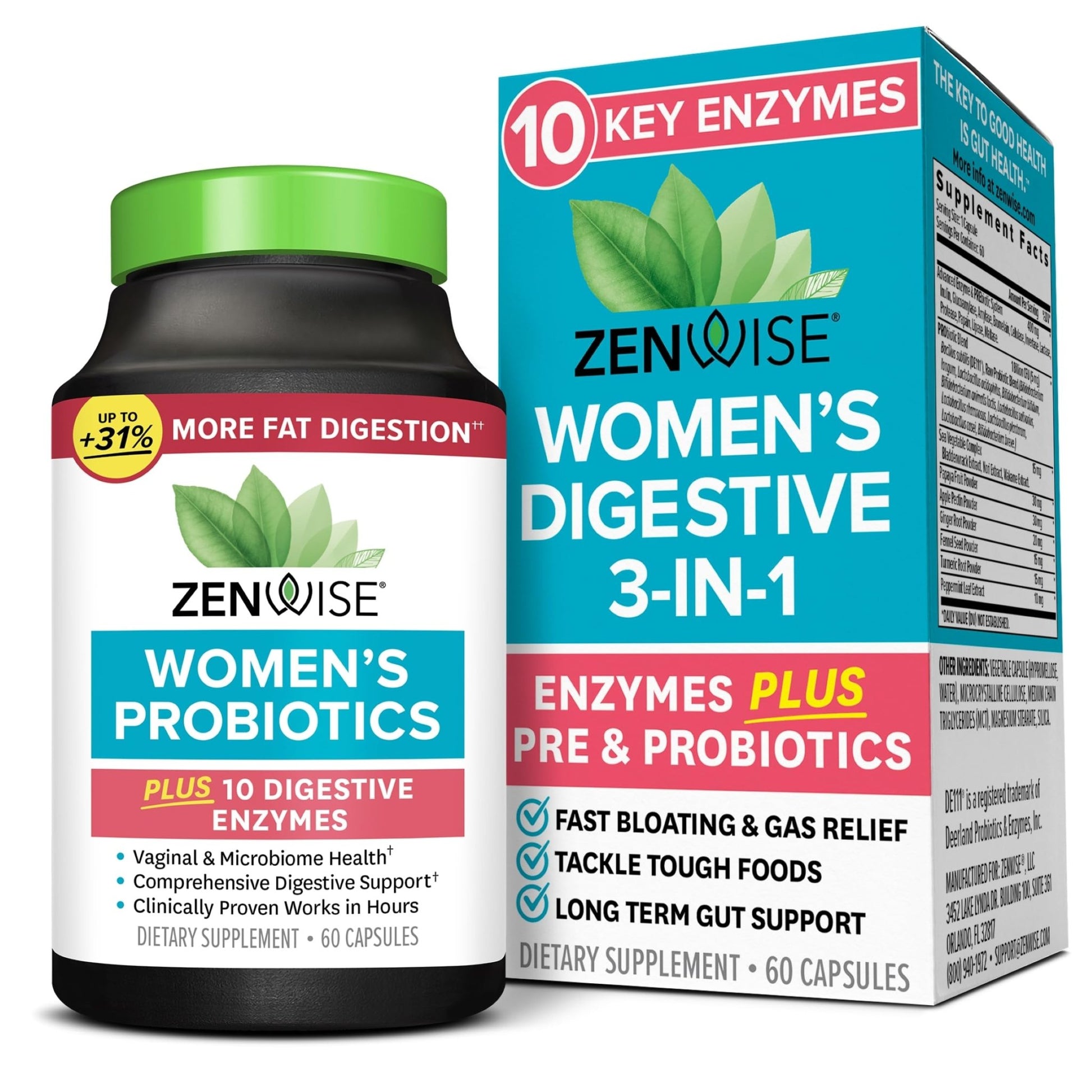 Zenwise Health 3-in-1 Womens Probiotic Supplement for Digestive, Gut Flora & Vaginal Health - Daily Probiotics & Prebiotics for Women with Digestive Enzymes Supports Bloating & Gas Relief - 60 Count - OzHealthStandard