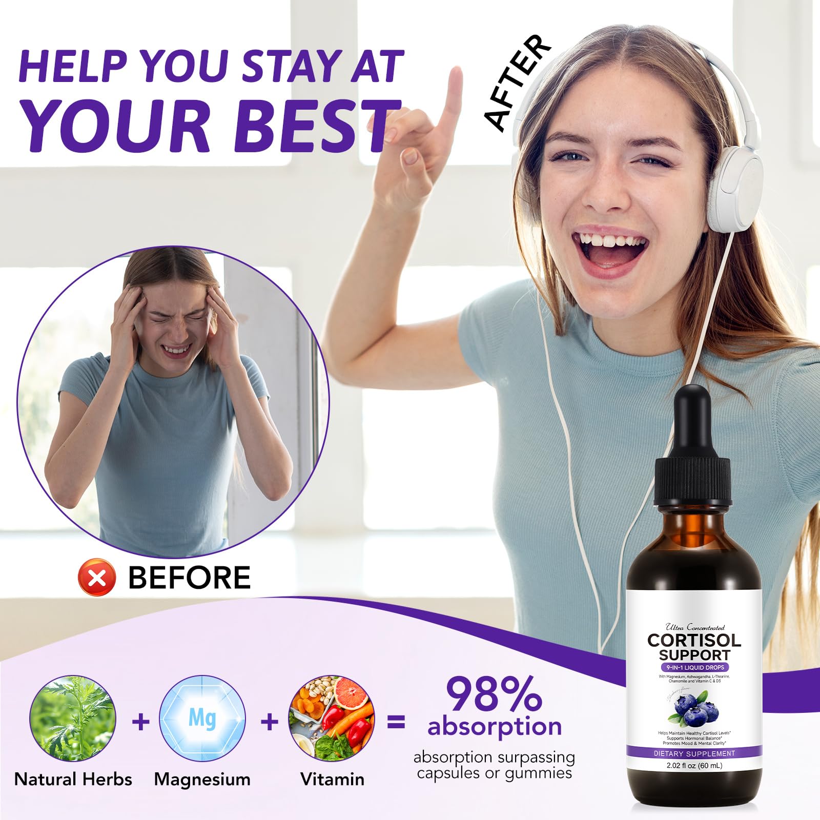 ZIXBMHYJ Cortisol Supplement for Women, Cortisol Support Liquid Drops with Ashwagandha, Magnesium & L-Theanine - Supports Stress Relief, Mood & Relaxation - 2.02 fl oz - OzHealthStandard