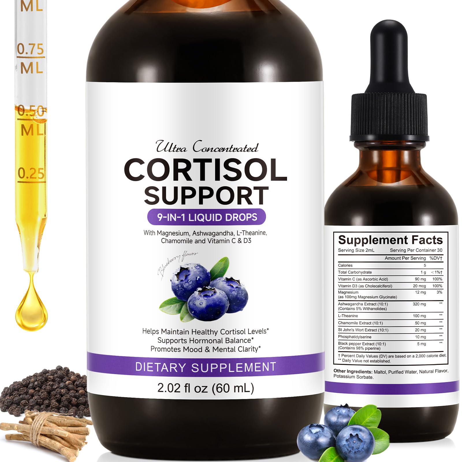 ZIXBMHYJ Cortisol Supplement for Women, Cortisol Support Liquid Drops with Ashwagandha, Magnesium & L-Theanine - Supports Stress Relief, Mood & Relaxation - 2.02 fl oz - OzHealthStandard